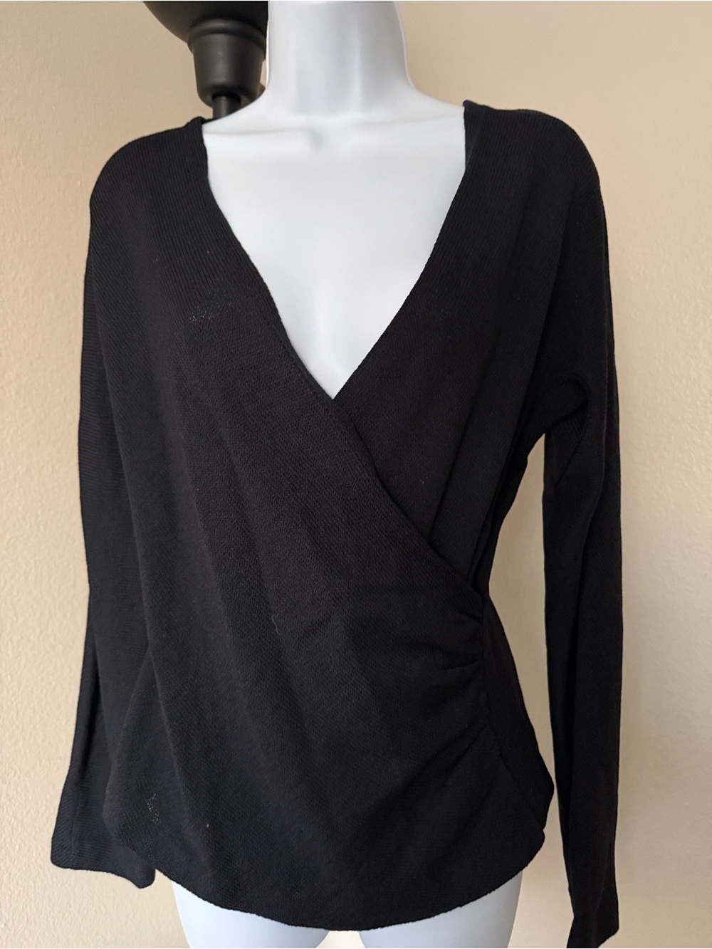 St. John Black Wrap Front Long Sleeve Top